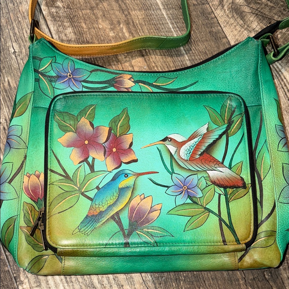 Anuschka Green Hand-Painted Hummingbird Shoulder Bag - Picture 2 of 7